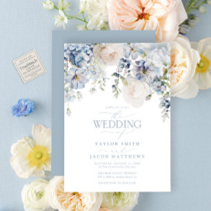 Invitation Mariage Floral Élégant à l'Aquarelle Bleu Poussiér
