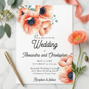 Invitation Mariage Floral Élégant Aquarelle Pavot Pêche