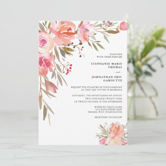 Invitation Mariage Floral Élégant Aquarelle Rose Pêche (Debout devant)
