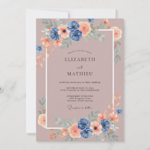 Invitation Mariage Floral Élégant au Bleu Poussiéreux et au C