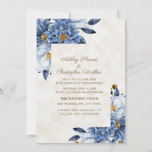 Invitation Mariage Floral Élégant Bleu Blanc Or