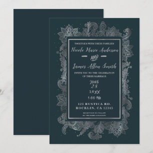 Invitation Mariage Floral Élégant Bleu et Argent Rustique Bru