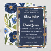 Invitation Mariage floral élégant bleu et blanc de la marine (Devant / Derrière)