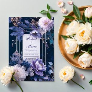 Invitation Mariage Floral Élégant Bleu Nuit Lavande Blanc