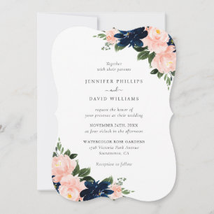 Invitation Mariage Floral Élégant Bleu Nuit Rose Pâle