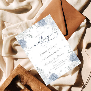 Invitation Mariage Floral Élégant Bleu Poussiéreux & Blanc d'