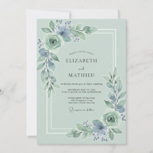 Invitation Mariage Floral Élégant Bleu Sauge