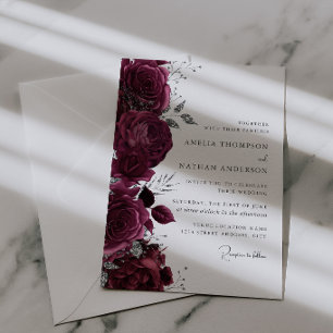 Invitation Mariage Floral Élégant Bourgogne Argent