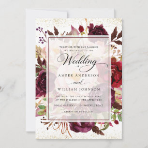 Invitation Mariage floral élégant Bourgogne or