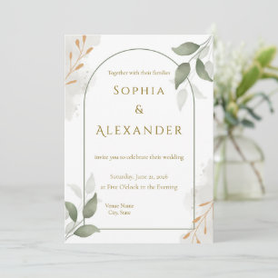 Invitation Mariage Floral Élégant Cadre Doré & Verdure