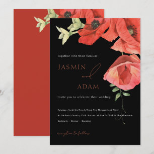 Invitation Mariage Floral Élégant Coquelicot Noir Rouge