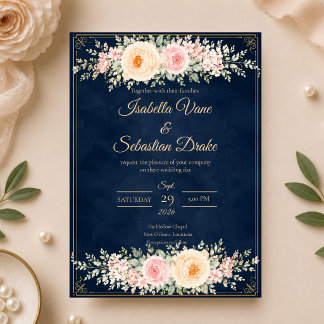 Invitation Mariage Floral Élégant en Nuit Bleue