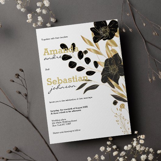 Invitation Mariage floral élégant et noir blanc or