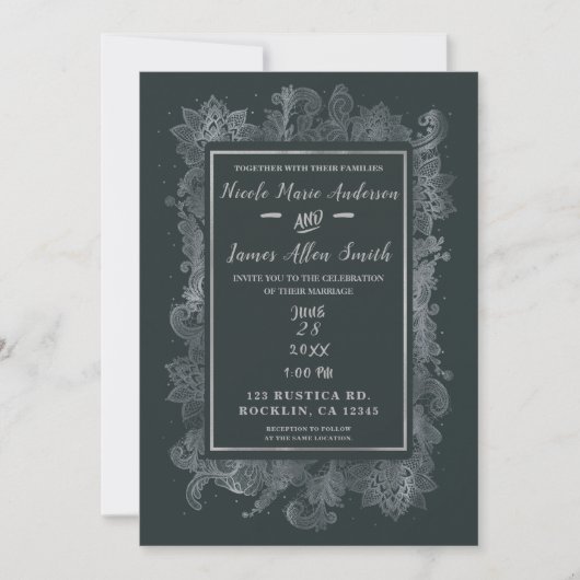 Invitation Mariage floral élégant gris et argenté brillant (Devant)