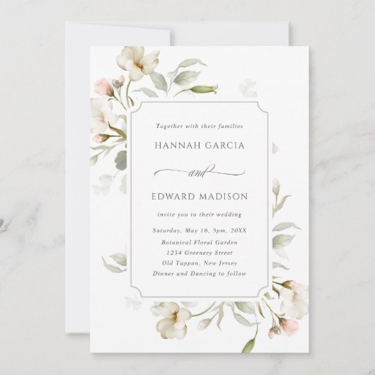 Invitation Mariage floral élégant Gris Gris Blanc (Devant)