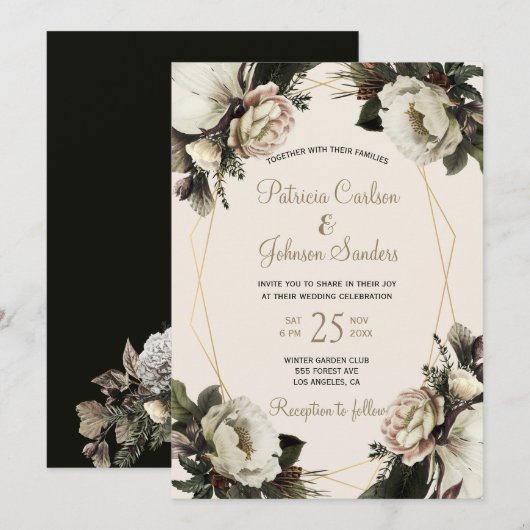 Invitation Mariage floral élégant hivernal géométrique or (Devant / Derrière)