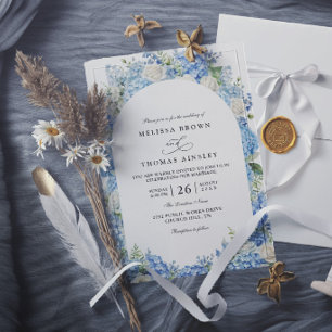 Invitation Mariage Floral Élégant Hortensias Bleus Roses Blan