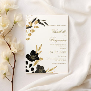 Invitation Mariage floral élégant luxe or noir