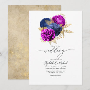 Invitation Mariage floral élégant magenta, marine et or