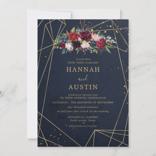 Invitation Mariage floral élegant marine et or (Devant)