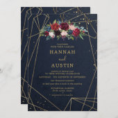 Invitation Mariage floral élegant marine et or (Devant / Derrière)