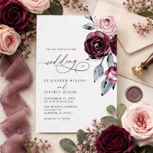 Invitation Mariage Floral Élégant Moderne Bordeaux