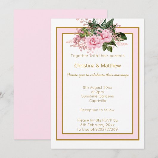 INVITATION MARIAGE FLORAL ÉLÉGANT MODERNE ROSE OR BLANC (Devant / Derrière)