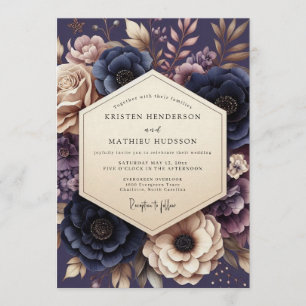 Invitation Mariage Floral Élégant Navy et Mauve