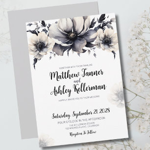 Invitation Mariage Floral Élégant Noir et Blanc