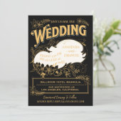 Invitation Mariage floral élégant noir et or (Debout devant)