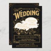 Invitation Mariage floral élégant noir et or (Devant / Derrière)