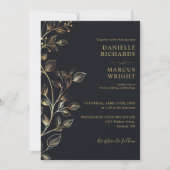 Invitation Mariage Floral Élégant Noir Or Moderne (Devant)