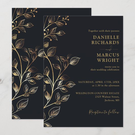 Invitation Mariage Floral Élégant Noir Or Moderne (Devant / Derrière)