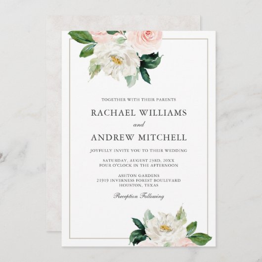 Invitation Mariage floral élégant rose et blanc (Devant / Derrière)