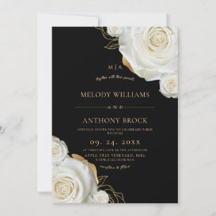 Invitation Mariage Floral Élégant Rose Noir Blanc