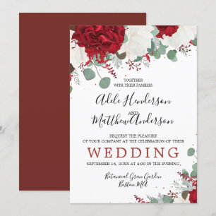 Invitation Mariage Floral Élégant Rouge Bourgogne