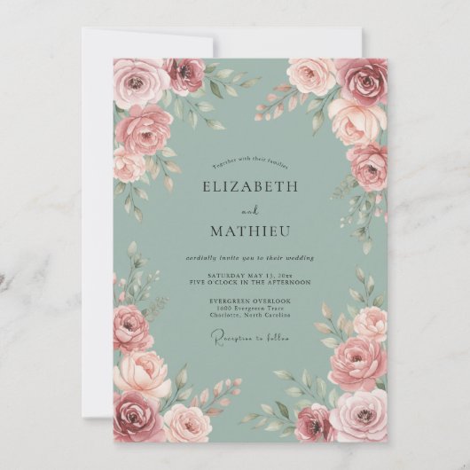 Invitation Mariage Floral Élégant Rouge Clair (Devant)