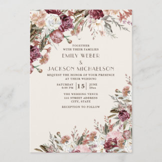Invitation Mariage Floral Élégant Rustique Bourgogne Rose