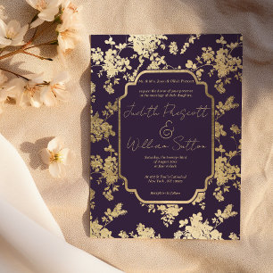 Invitation Mariage Floral Élégant Style Violet Foncé Or