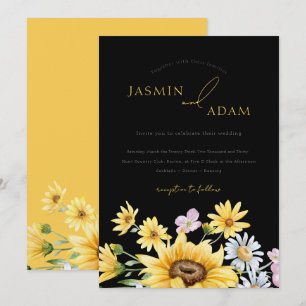 Invitation Mariage Floral Élégant Tournesol Noir Jaune
