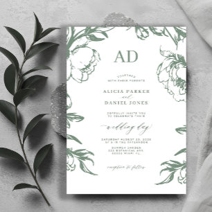 Invitation Mariage floral élégant vert sauge vintage