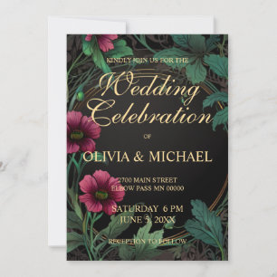 Invitation Mariage floral élégant victorien sombre rose foncé