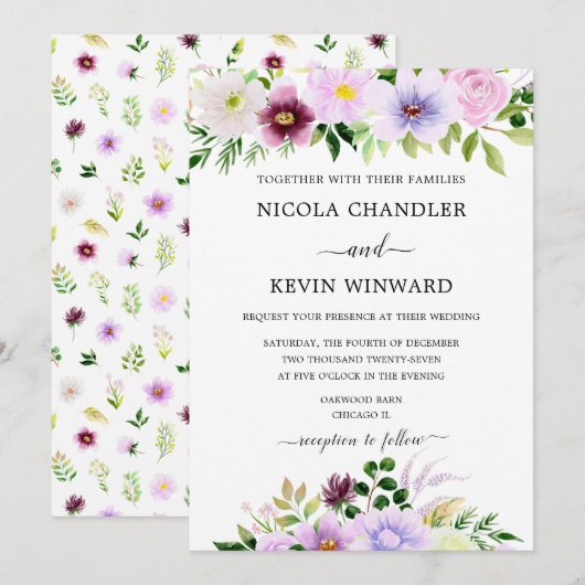 Invitation Mariage Floral Élégant Violet (Devant / Derrière)