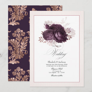 Invitation Mariage Floral Élégant Violet Foncé et Or Rose