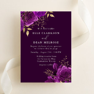 Invitation Mariage Floral Élégant Violet Prune & Or