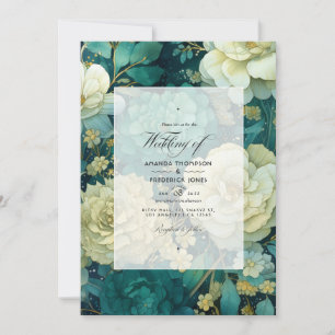 Invitation Mariage floral émeraude, crème et or