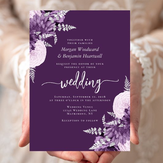 Invitation Mariage floral en argent violet Lilac