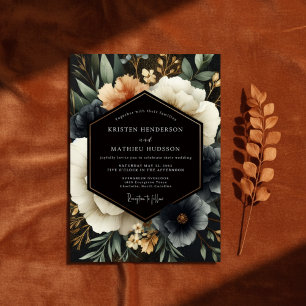 Invitation Mariage Floral en Bois Profond Navy