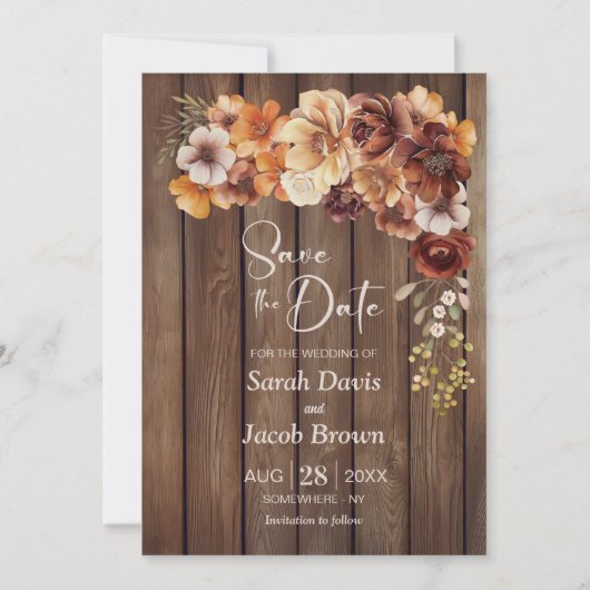 Invitation Mariage floral en bois rustique Enregistrer la dat (Devant)