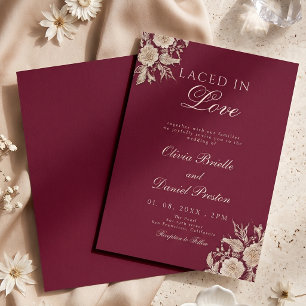 Invitation Mariage Floral en Bourgogne et Dentelle Dorée Élég